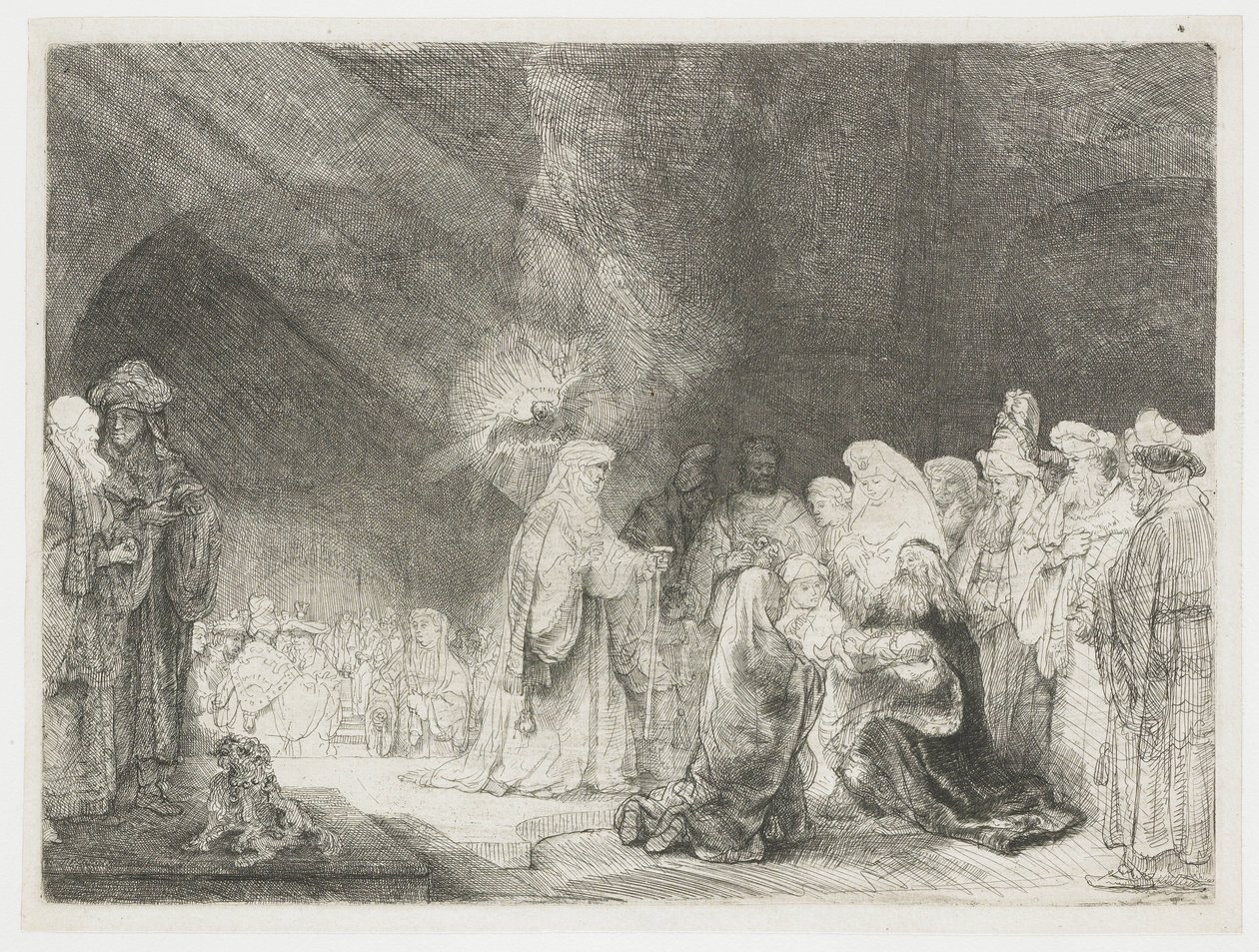 Præsentationen i templet: aflangt print af Rembrandt van Rijn