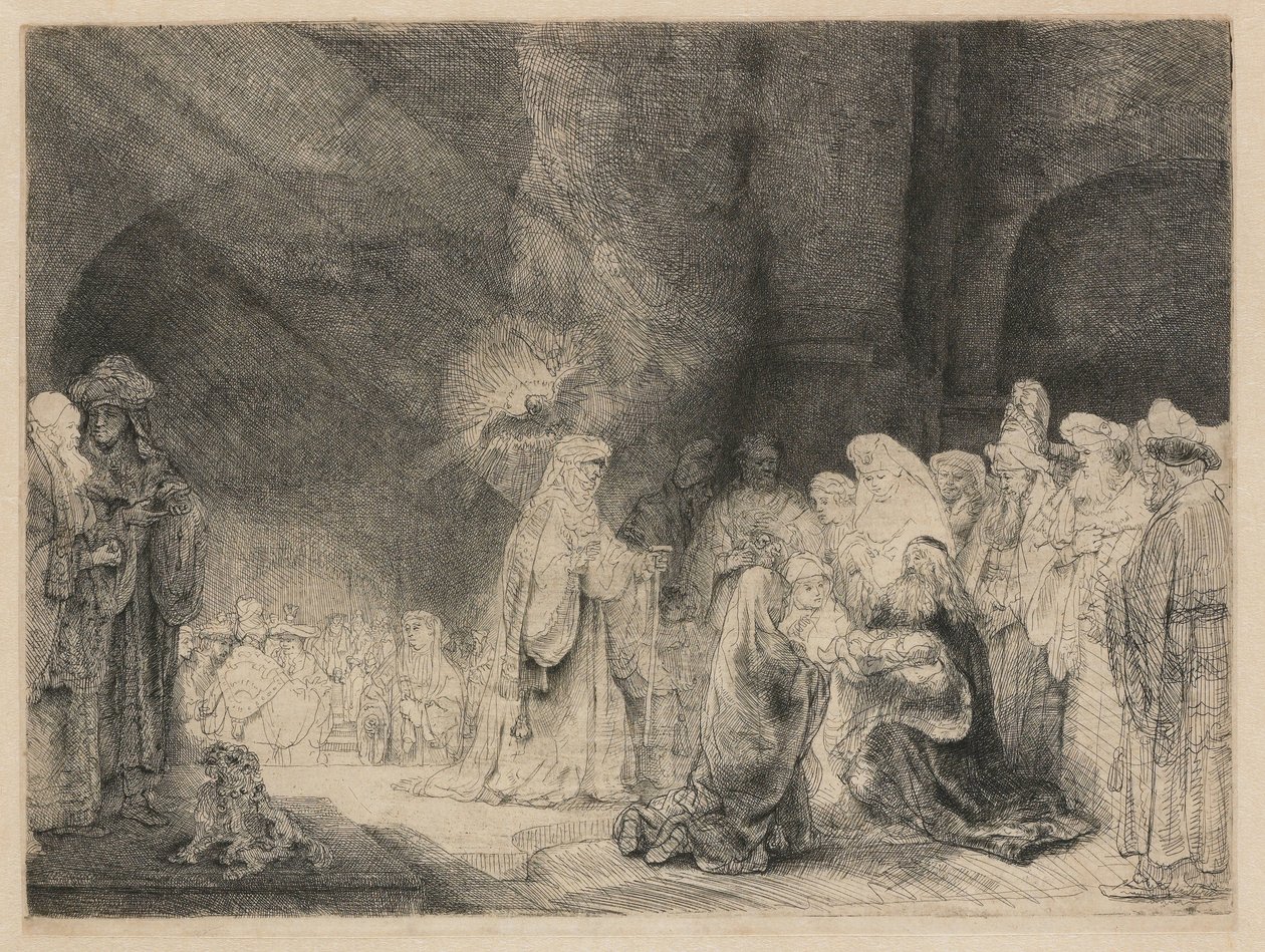 Præsentationen i templet: aflangt print af Rembrandt van Rijn