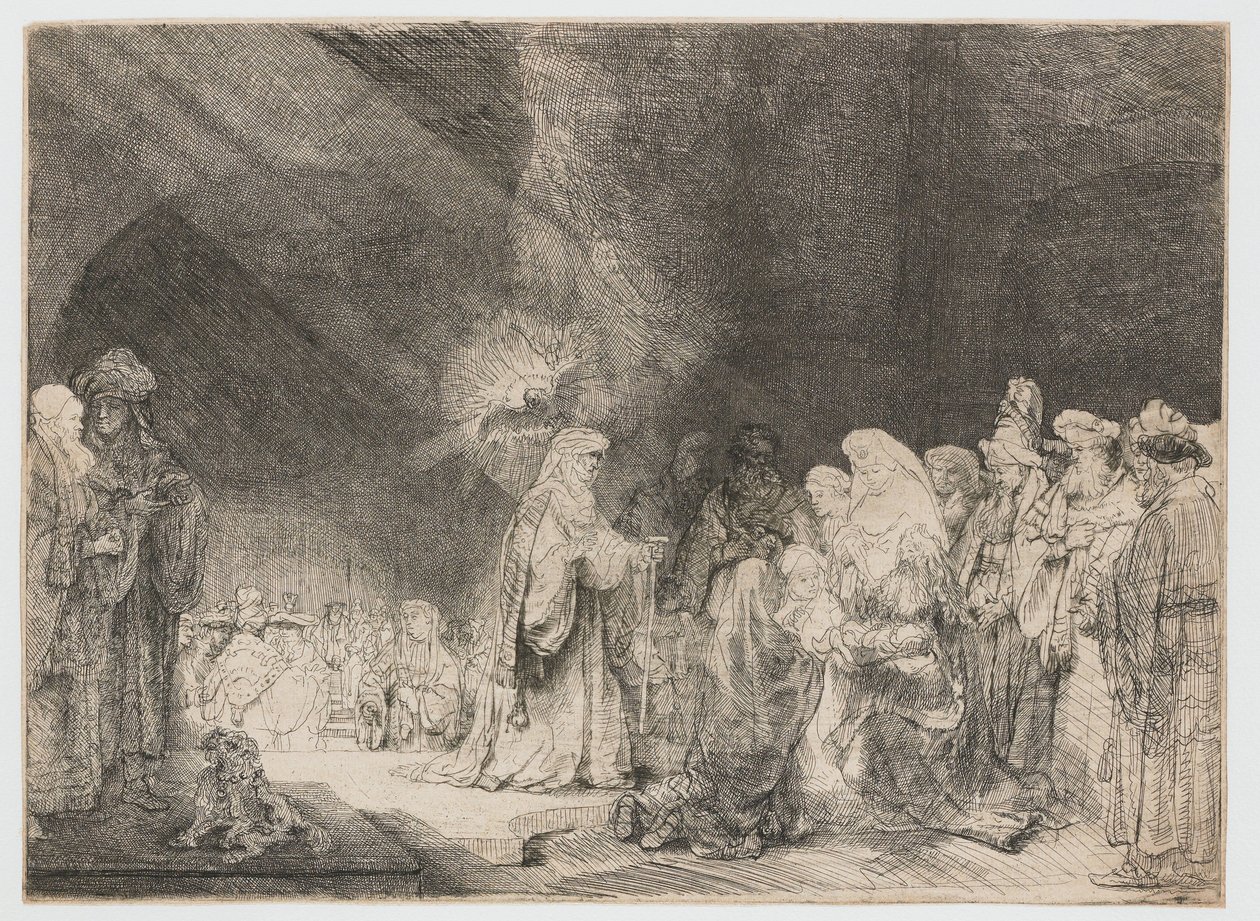 Præsentationen i templet: aflangt print af Rembrandt van Rijn