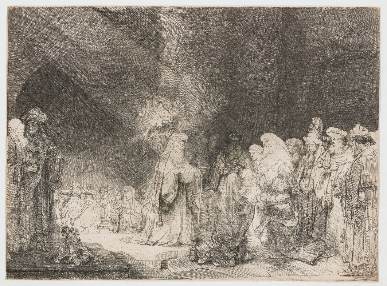 Præsentationen i templet: aflangt print af Rembrandt van Rijn