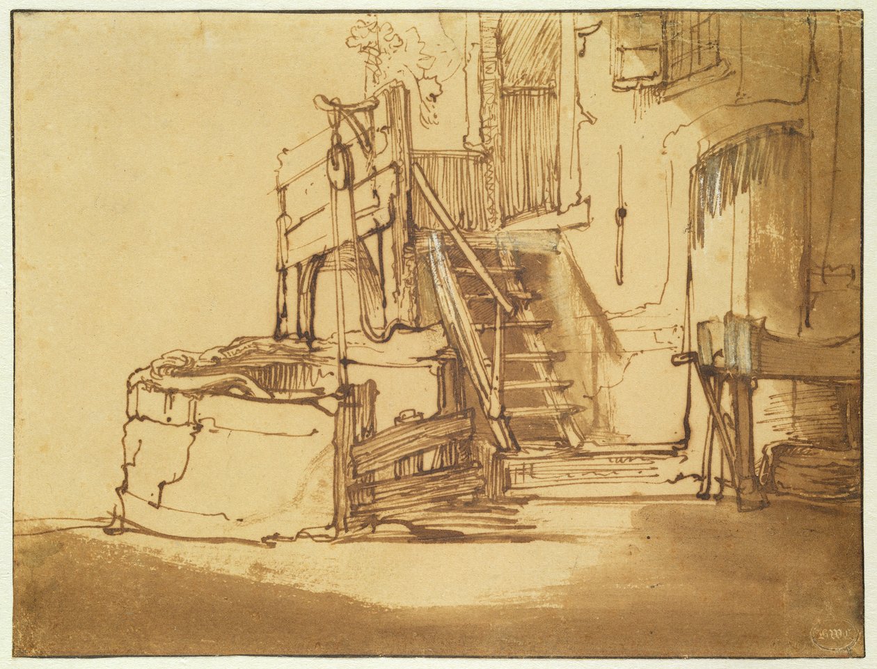 Brønden foran gården (pen og brun tusch og brun vask på papir) af Rembrandt van Rijn