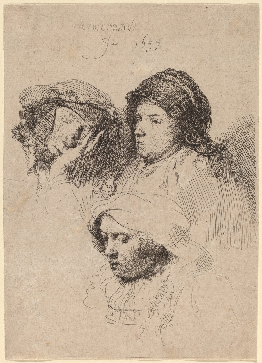 Tre hoveder af kvinder, en sover af Rembrandt van Rijn