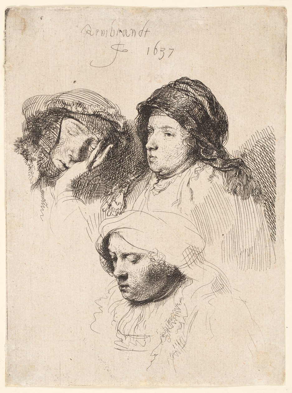 Tre hoveder af kvinder, en sover af Rembrandt van Rijn