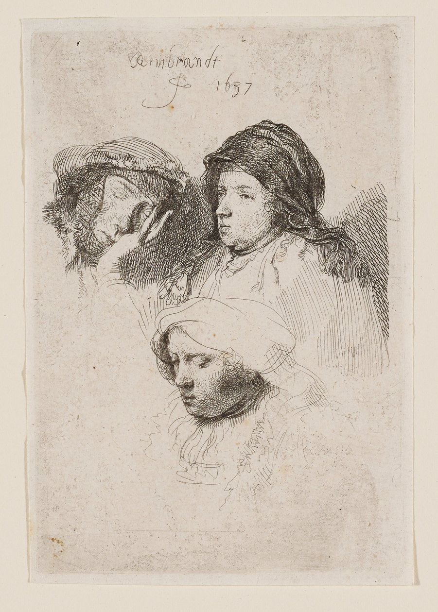 Tre kvindehoveder, hvoraf den ene sover af Rembrandt van Rijn