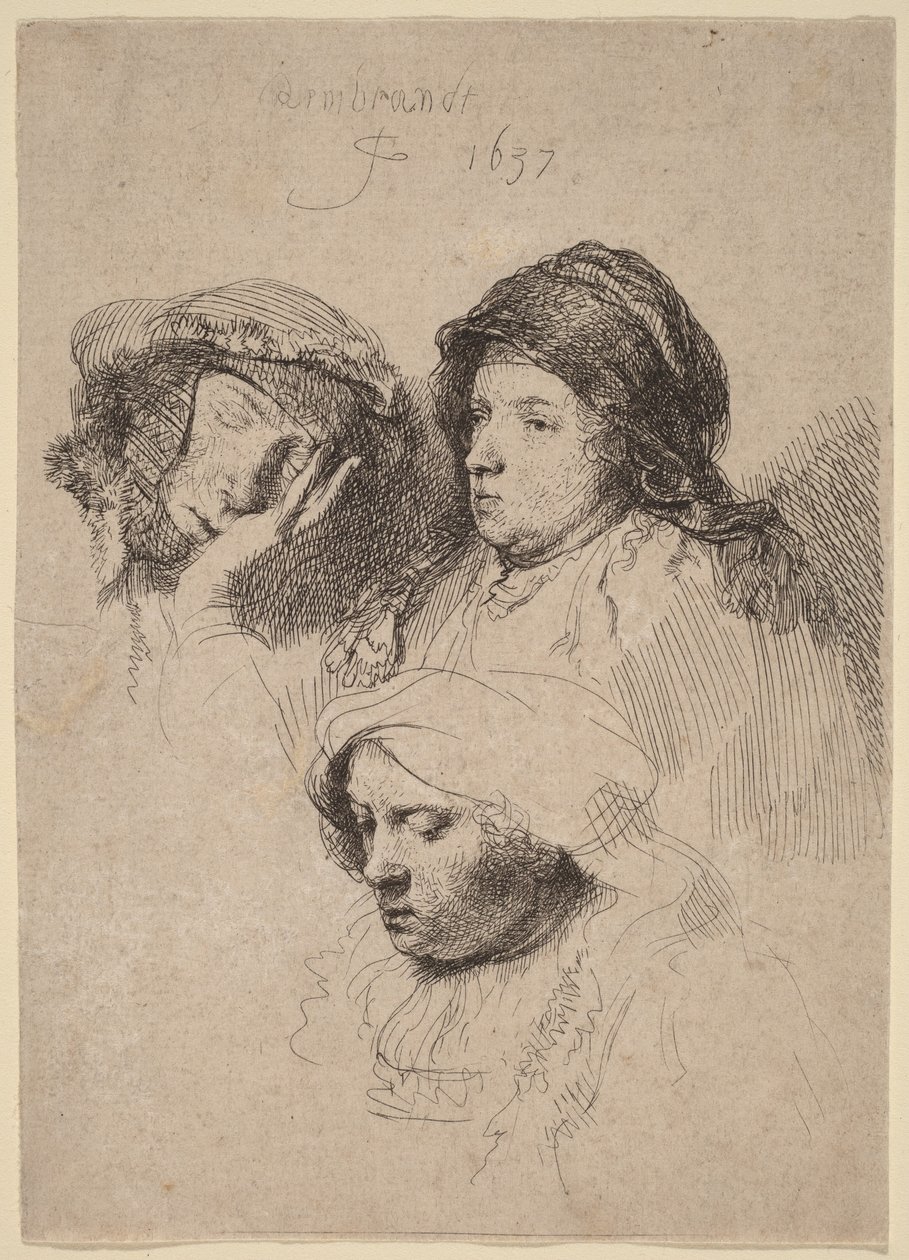 Tre kvindehoveder, hvoraf den ene sover af Rembrandt van Rijn