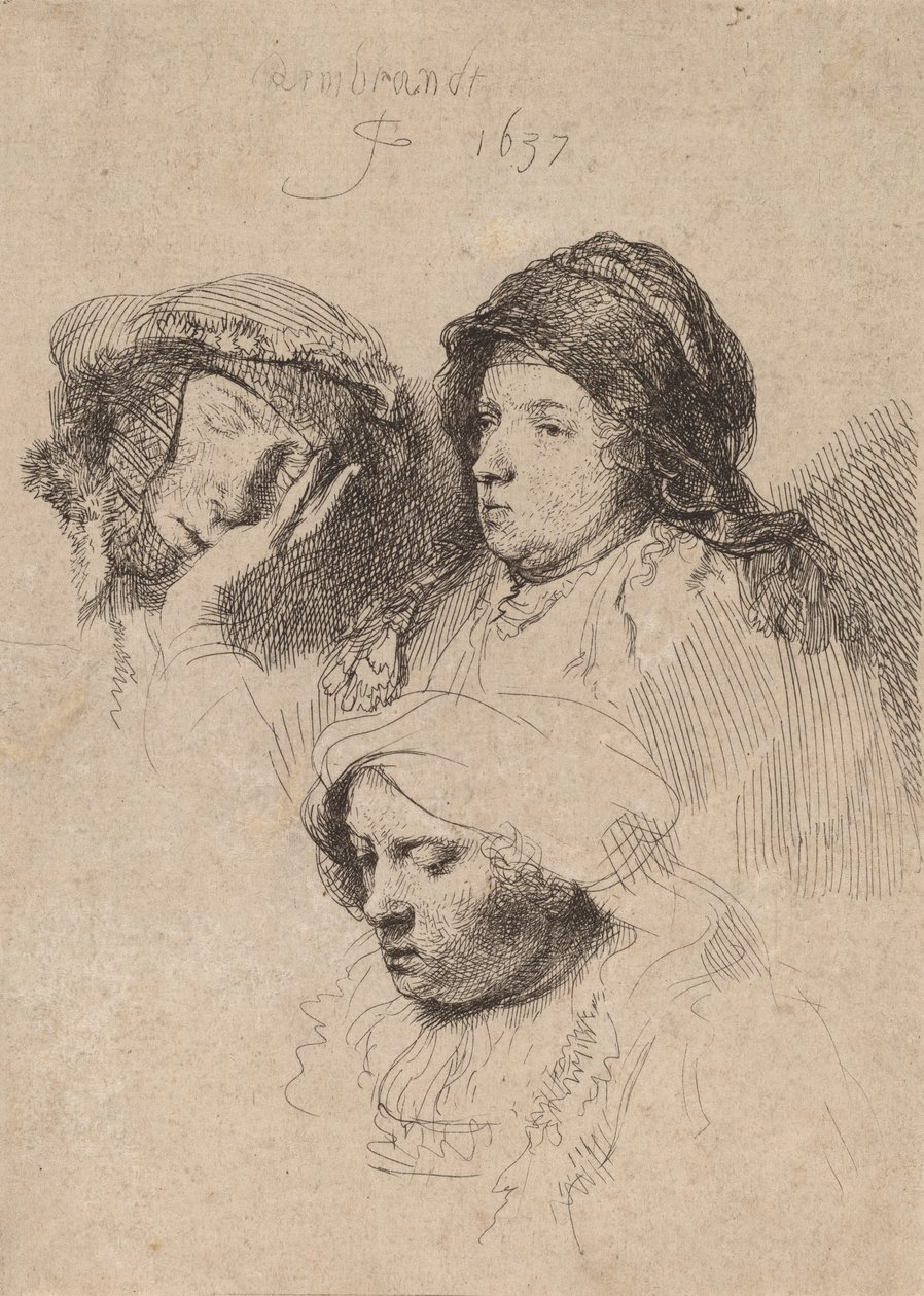 Tre kvinders hoveder, en sover, 1637. af Rembrandt van Rijn