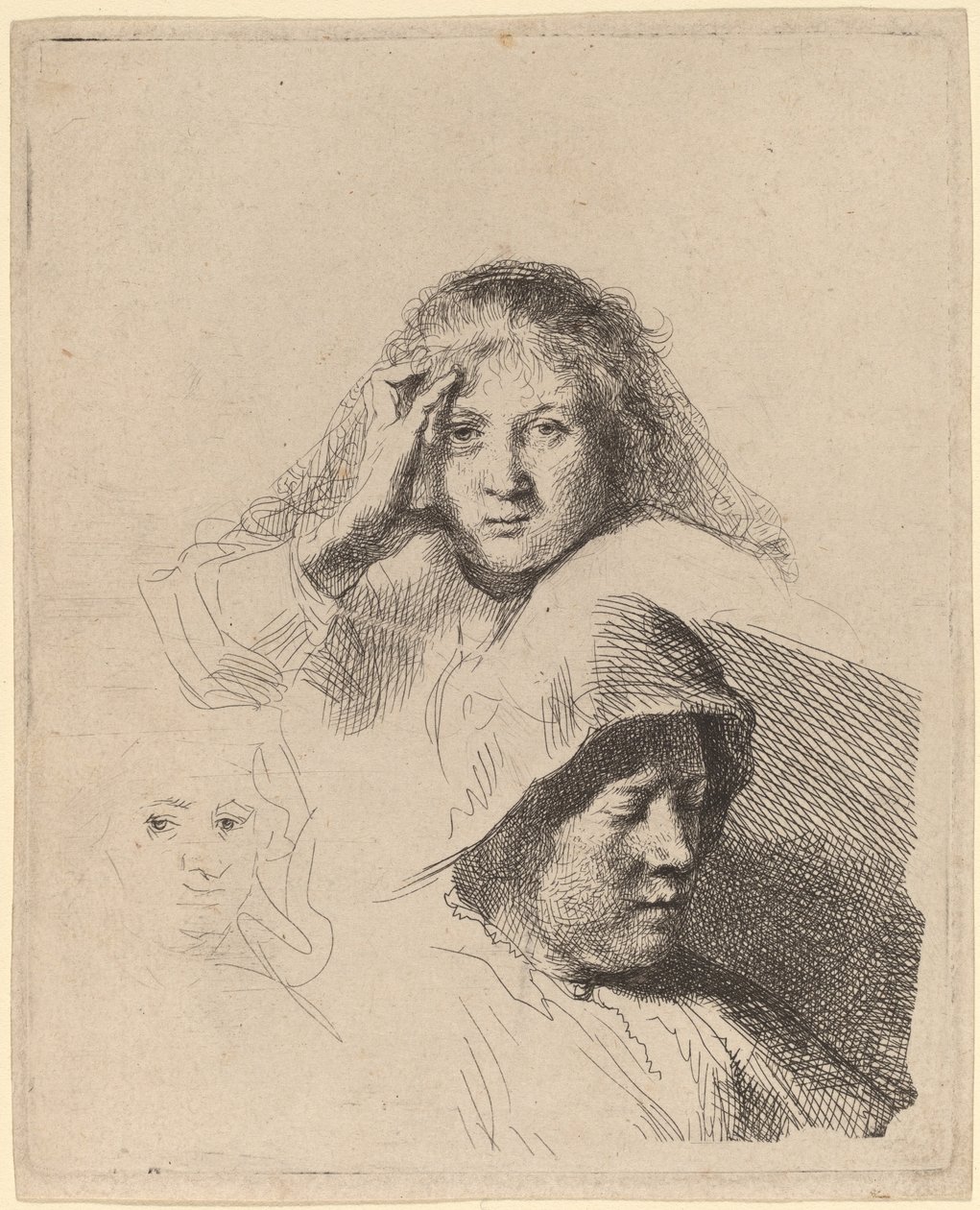 Tre hoveder af kvinder, et let ætset af Rembrandt van Rijn