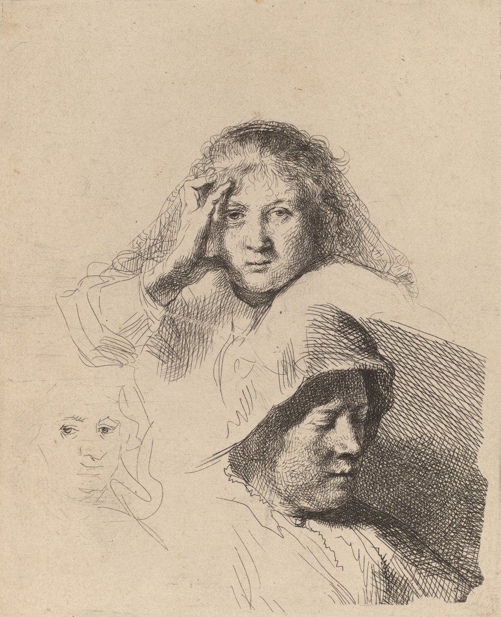 Tre kvinders hoveder, et let ætset, ca. 1637. af Rembrandt van Rijn