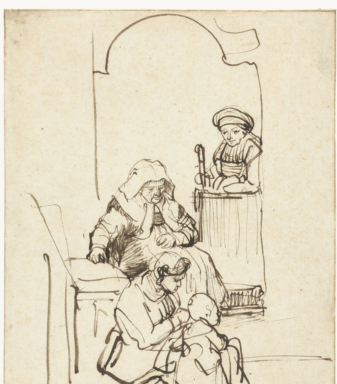 Tre kvinder og et barn ved en dør af Rembrandt van Rijn