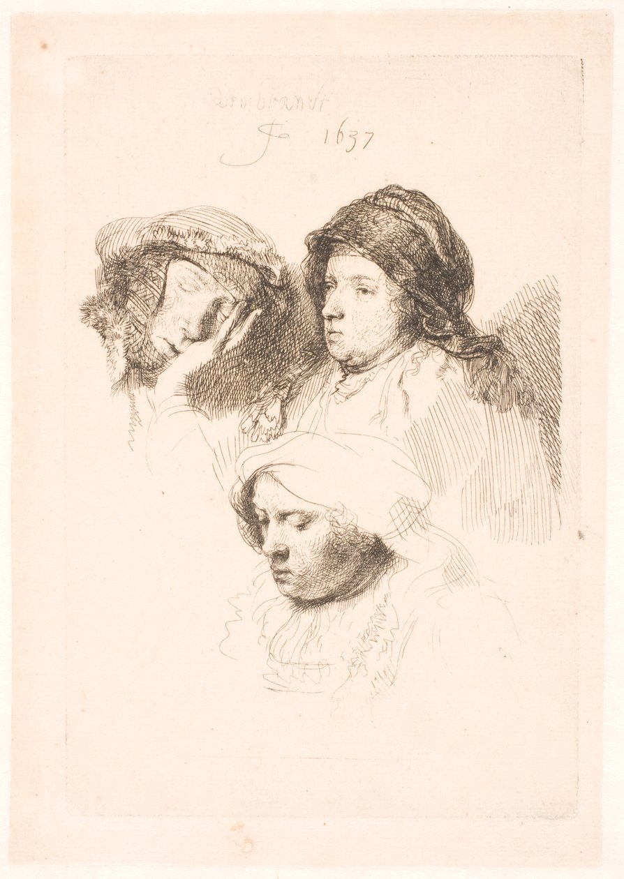 Tre hoveder af kvinder, en sover af Rembrandt van Rijn