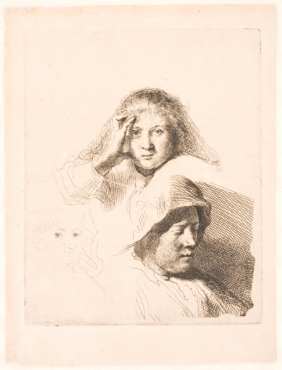 Tre hoveder af kvinder, det ene let ætset af Rembrandt van Rijn