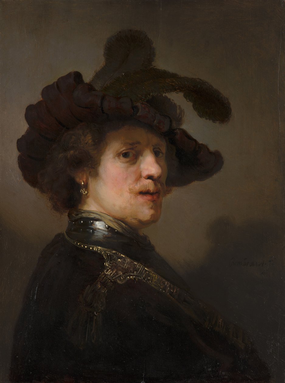 Tronie af en mand med en fjerklædt baret, ca 1635-1640. af Rembrandt van Rijn