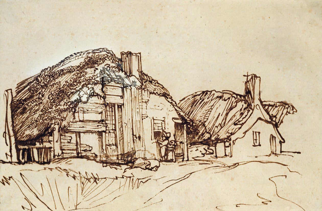 To stråtækte hytter med figurer ved vinduet af Rembrandt van Rijn