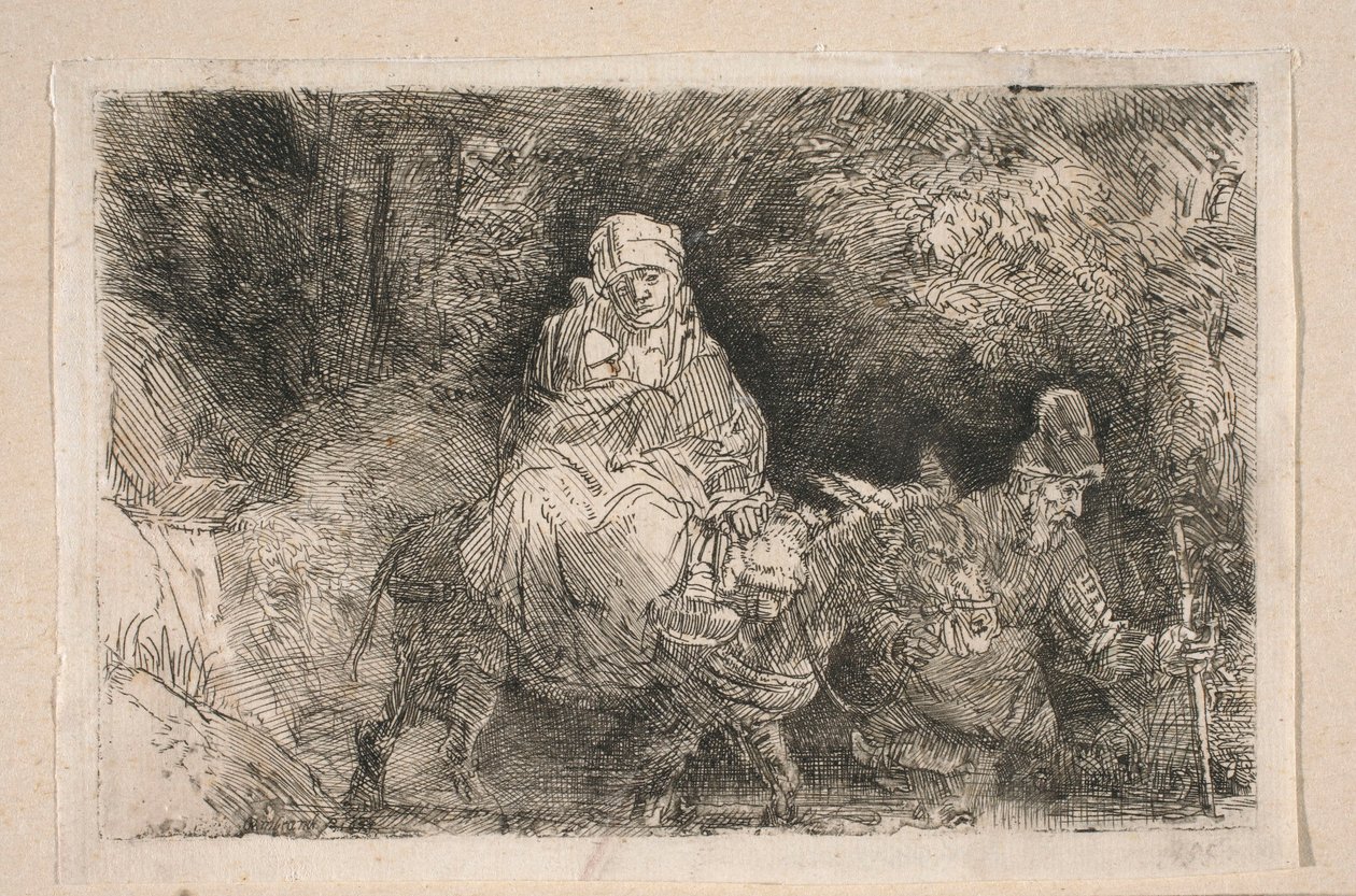 Flugten til Egypten – Den Hellige Familie krydser en bæk af Rembrandt van Rijn