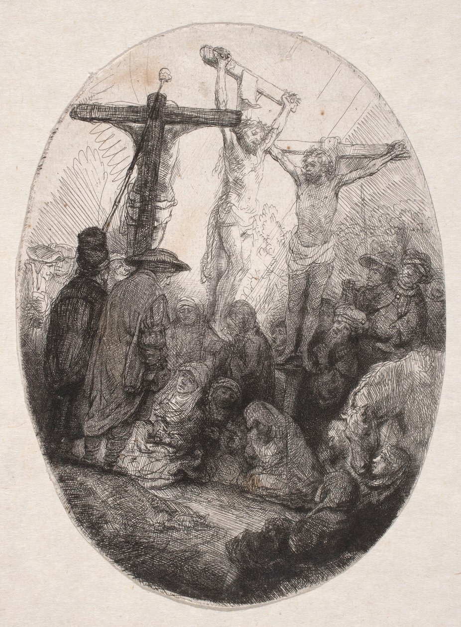 Korsfæstelsen mellem to forbrydere (oval plade) af Rembrandt van Rijn
