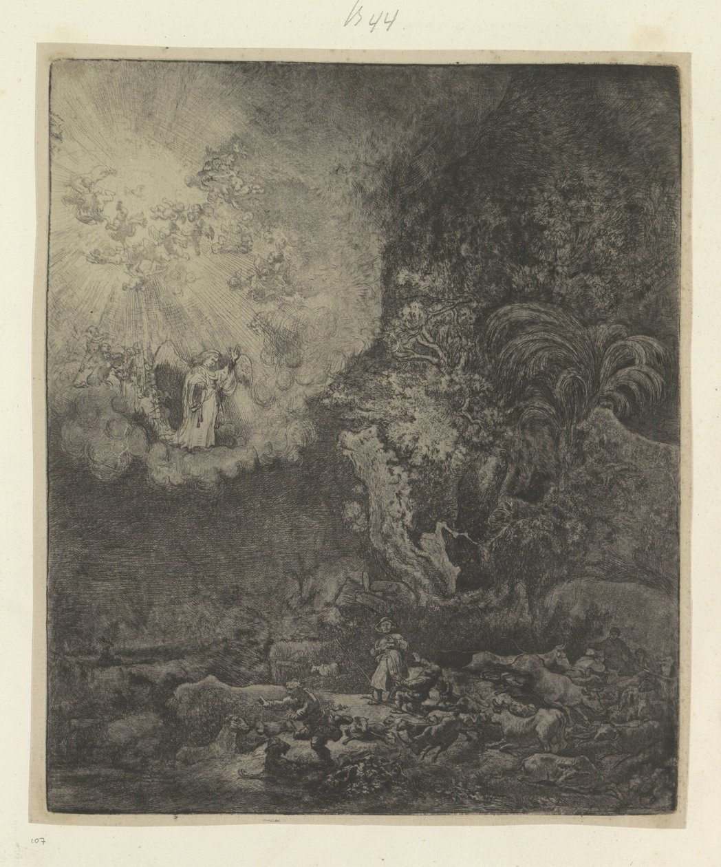 Verkondiging aan de hyrder Samling af 85 originale tryk (serietitel) af Rembrandt van Rijn