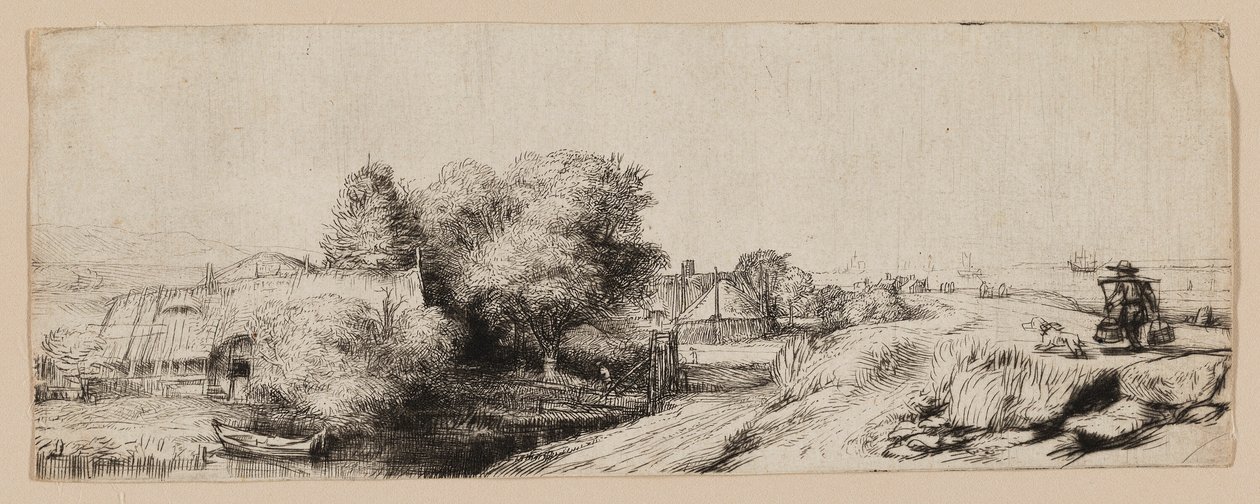 Udsigt over Diemerdijk med en mælkemand og hytter af Rembrandt van Rijn