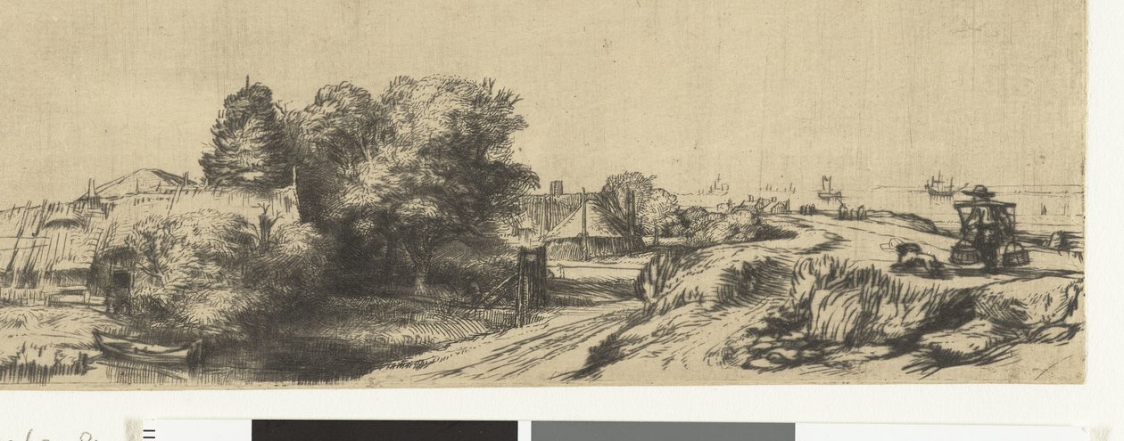 Udsigt over Diemerdijk med en mælkemand og hytter af Rembrandt van Rijn
