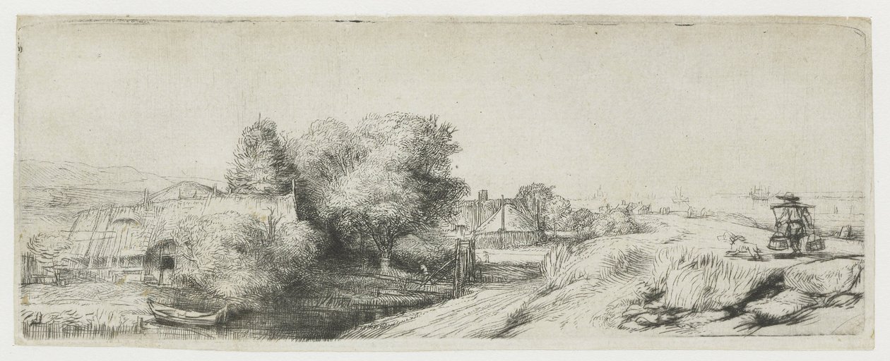 Udsigt over Diemerdijk med en mælkemand og små huse af Rembrandt van Rijn