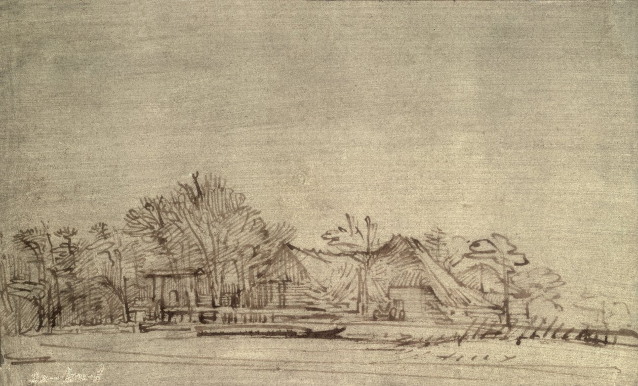 Vinterlandskab med hytter blandt træer, ca. 1650 (rørpen og brunt blæk) af Rembrandt van Rijn
