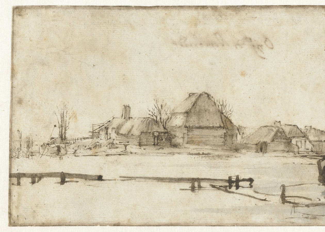 Vinterudsigt med vandvej, hytter og to både af Rembrandt van Rijn