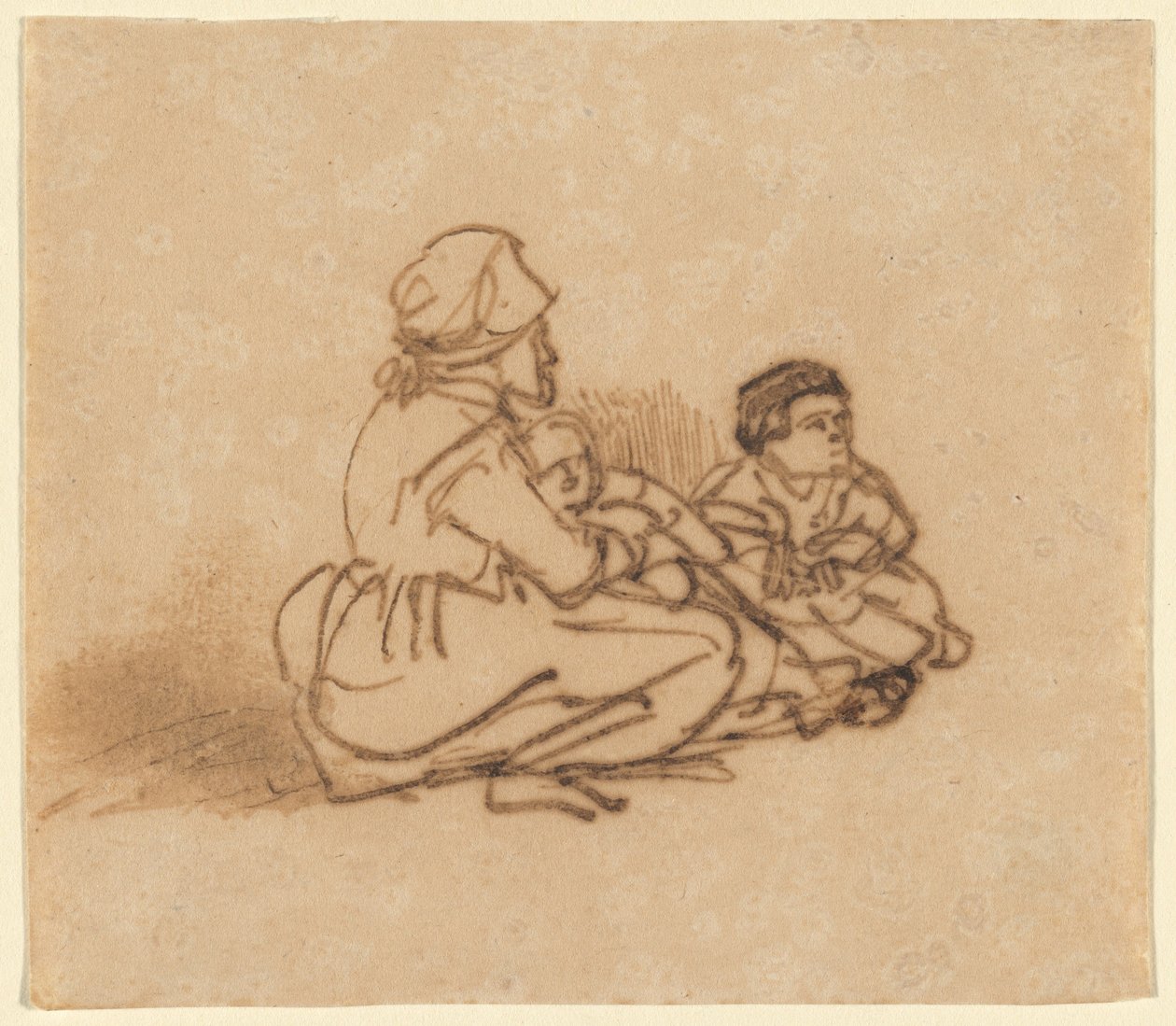 Kvinde siddende på jorden med to børn af Rembrandt van Rijn