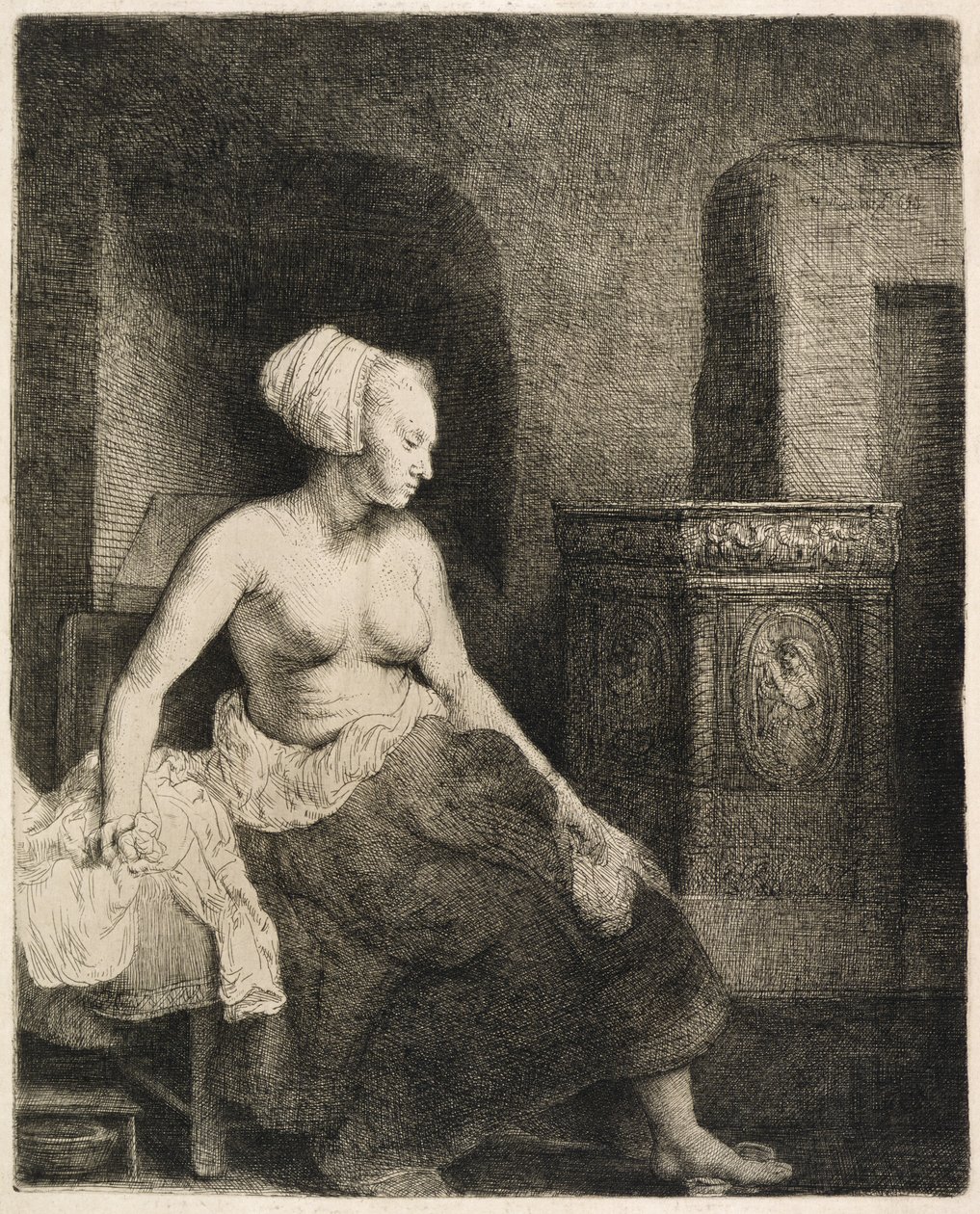 Kvinde, der sidder halvt klædt ved siden af et komfur, 1658 af Rembrandt van Rijn