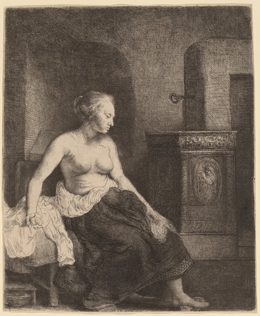 Kvinde, der sidder halvt klædt ved siden af et komfur af Rembrandt van Rijn