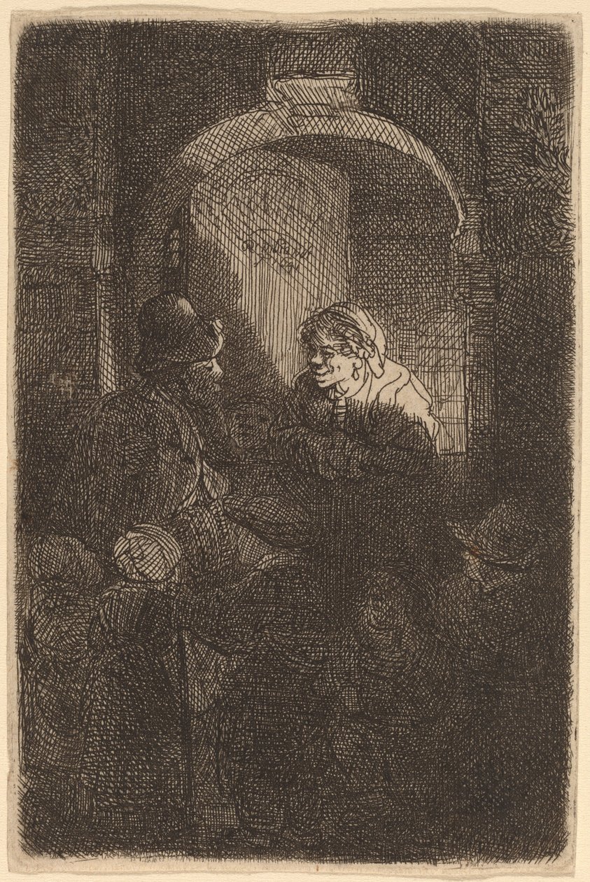 Kvinde ved en dørluge taler med en mand og børn (skolelæreren) af Rembrandt van Rijn