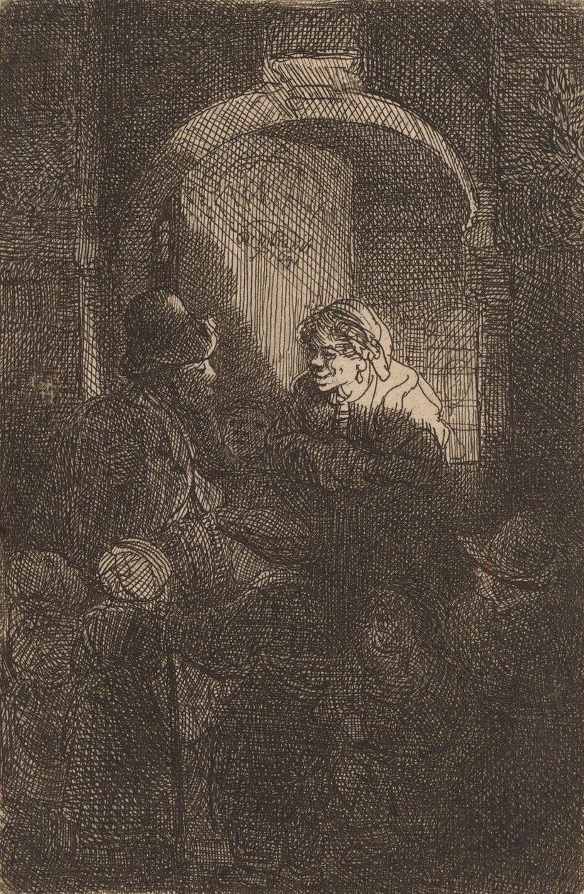 Kvinde ved en dørluge taler med en mand og børn Skolemesteren, 1641. af Rembrandt van Rijn