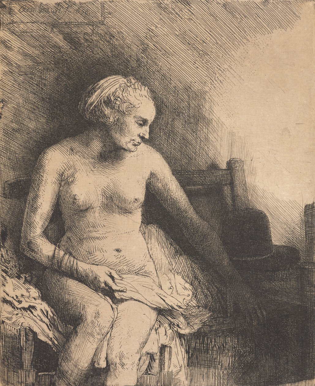 Kvinde ved badekarret med en hat ved siden af sig af Rembrandt van Rijn