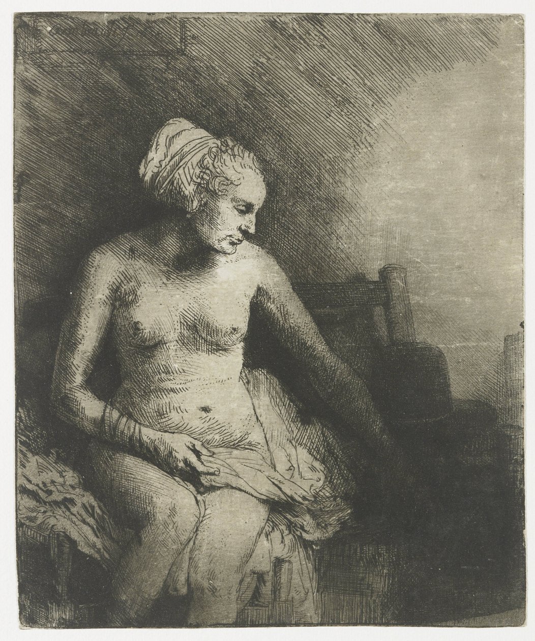 Kvinde ved badet med en hat ved siden af sig Kvinde ved badet med en hat ved siden af sig af Rembrandt van Rijn