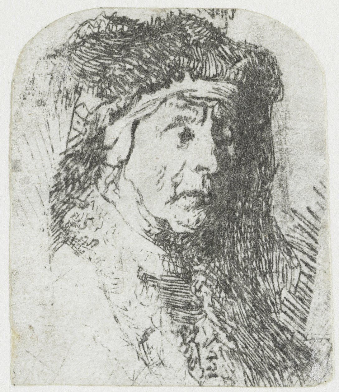 Kvinde i en pelsklippet kappe Buste af en gammel kvinde i pelskappe og tung hovedbeklædning af Rembrandt van Rijn