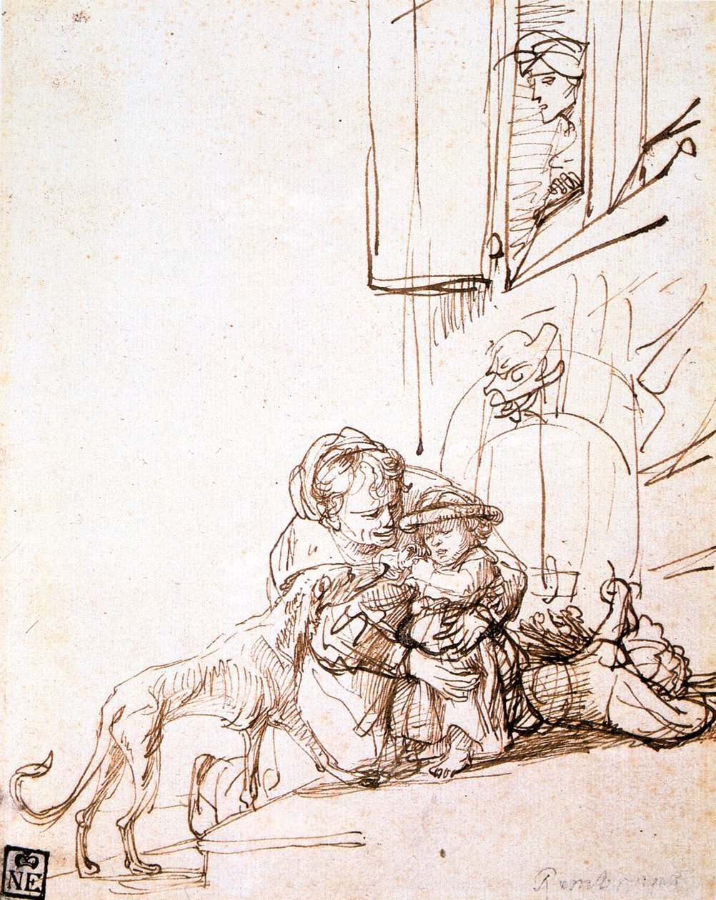 Kvinde med et barn bange for en hund, 1600-tallet af Rembrandt van Rijn