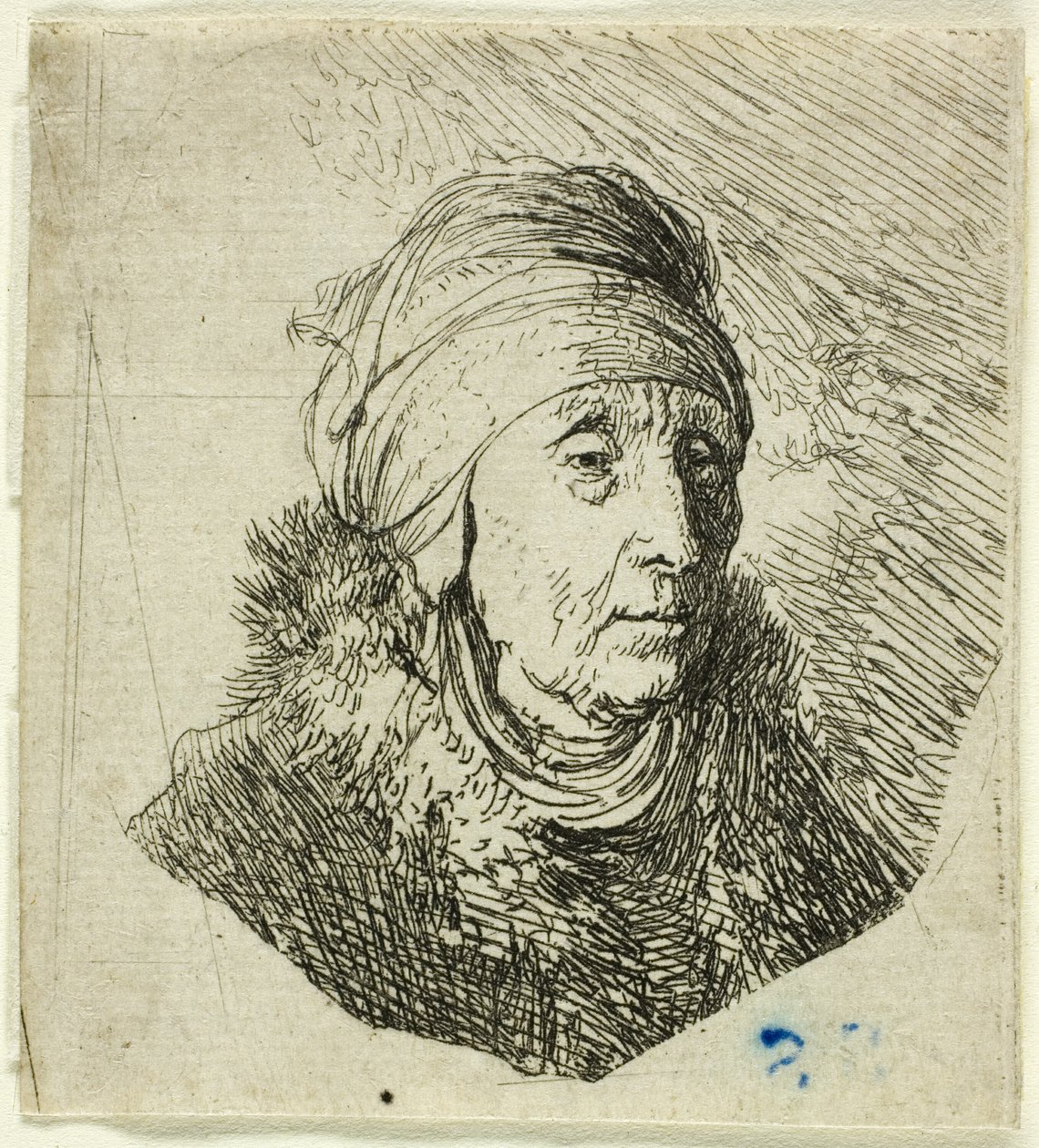 Kvinde med en høj hovedbeklædning viklet om hagen: Buste af Rembrandt van Rijn