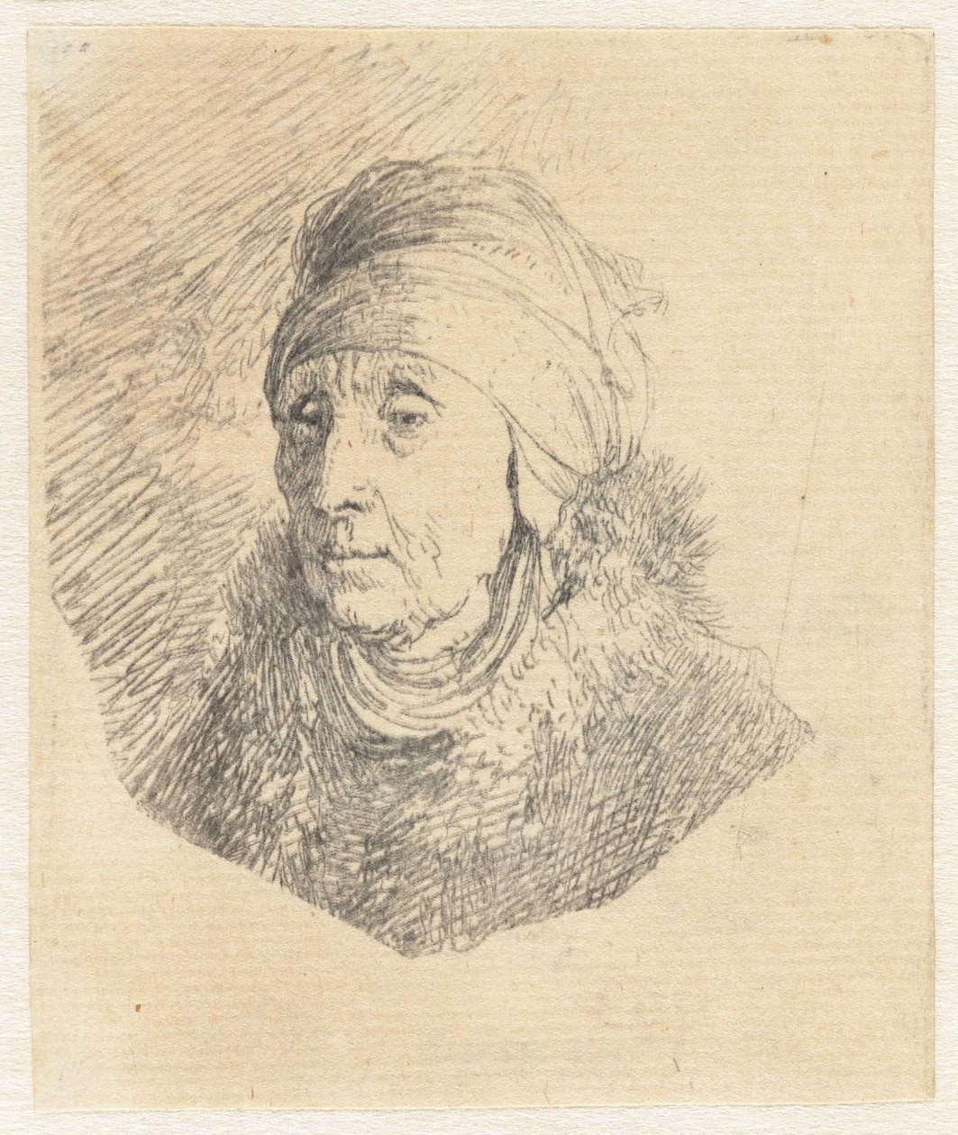 Kvinde med en høj hovedbeklædning, der er viklet rundt om hagen: brystbillede af Rembrandt van Rijn
