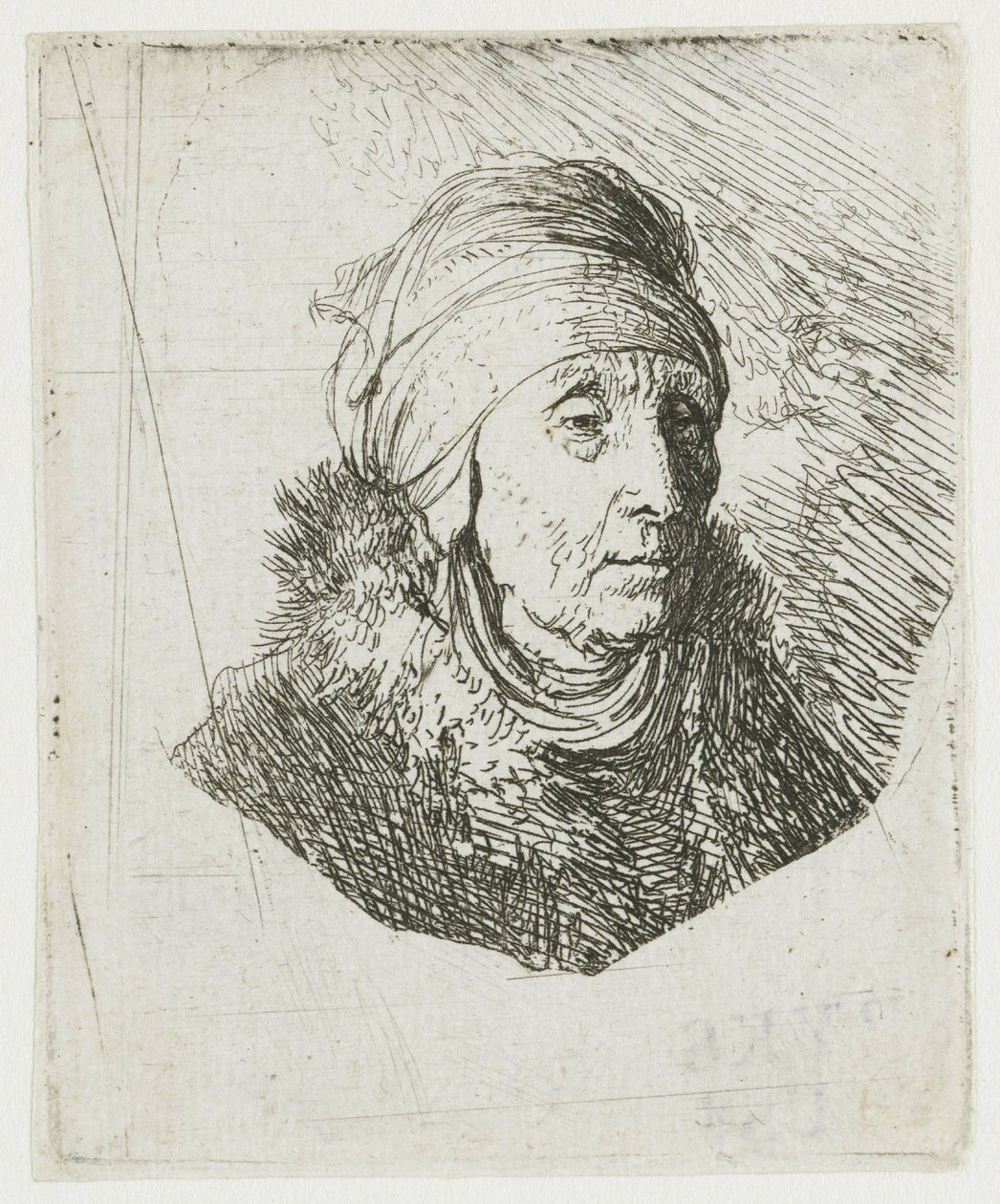 Kvinde med en høj hovedbeklædning, der er viklet rundt om hagen: brystbillede af Rembrandt van Rijn