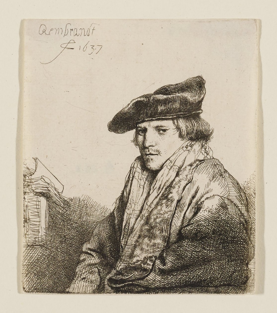 Ung mand med en fløjlshue og bøger ved siden af sig af Rembrandt van Rijn