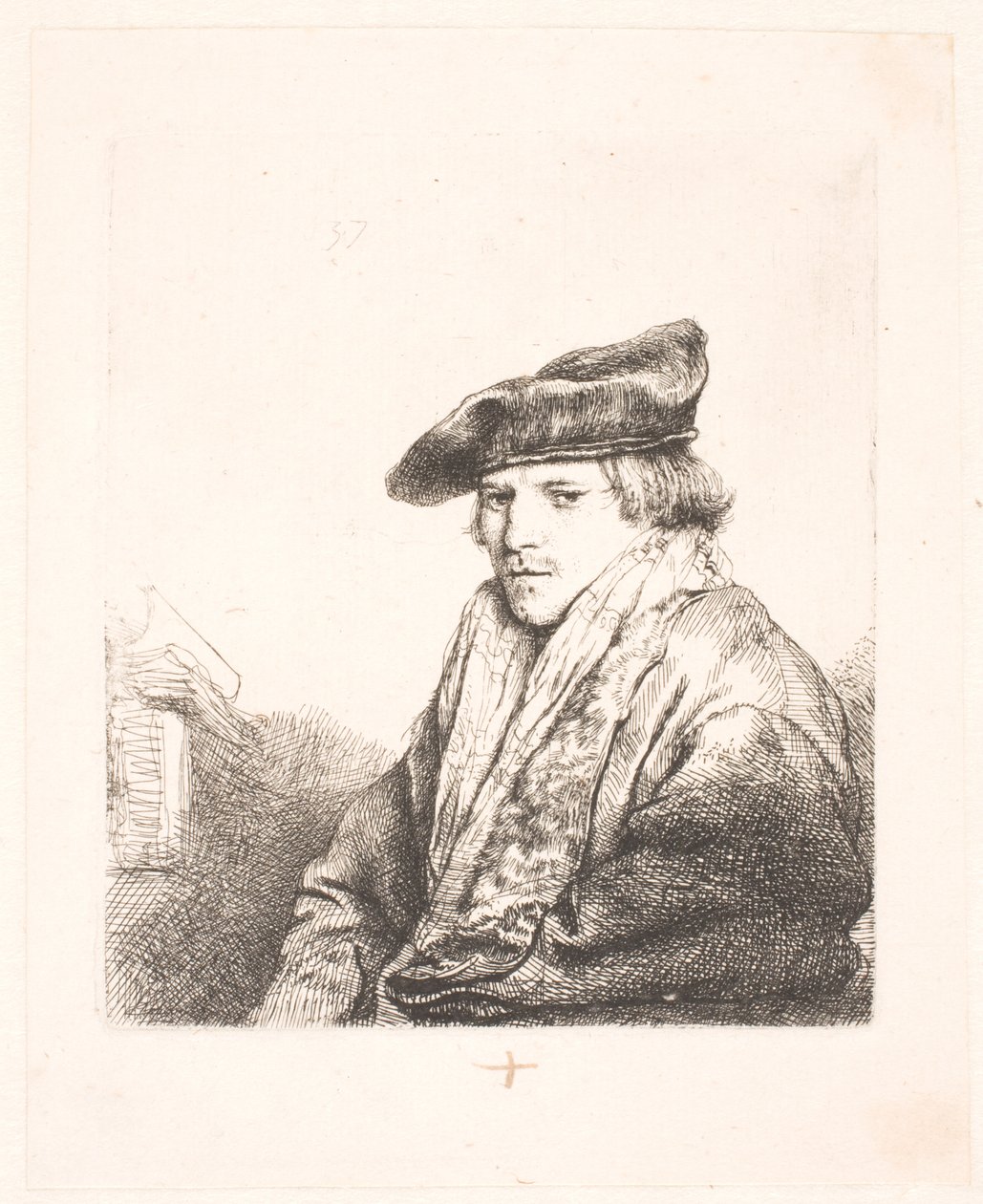 Ung mand i fløjlskasket med bøger ved siden af af Rembrandt van Rijn