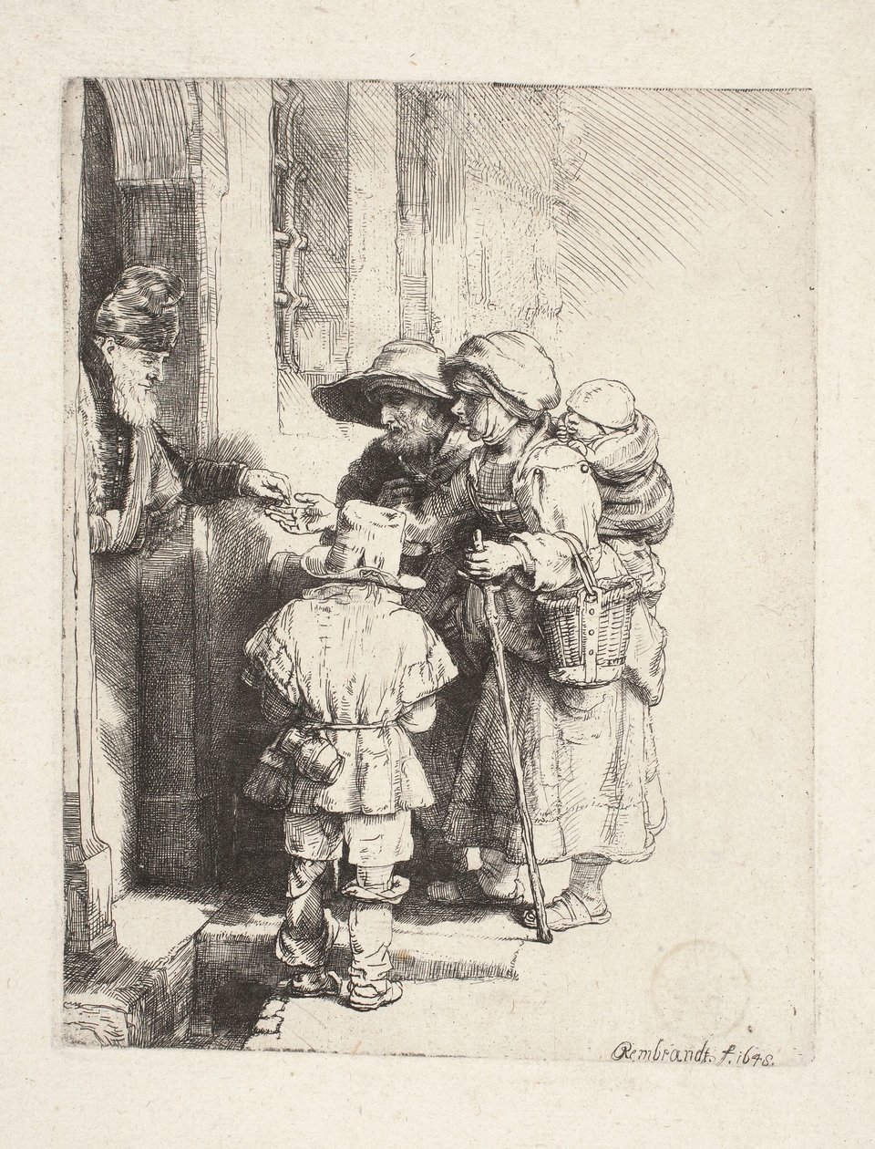 Tiggere, der modtager almisser i døråbningen af Rembrandt van Rijn