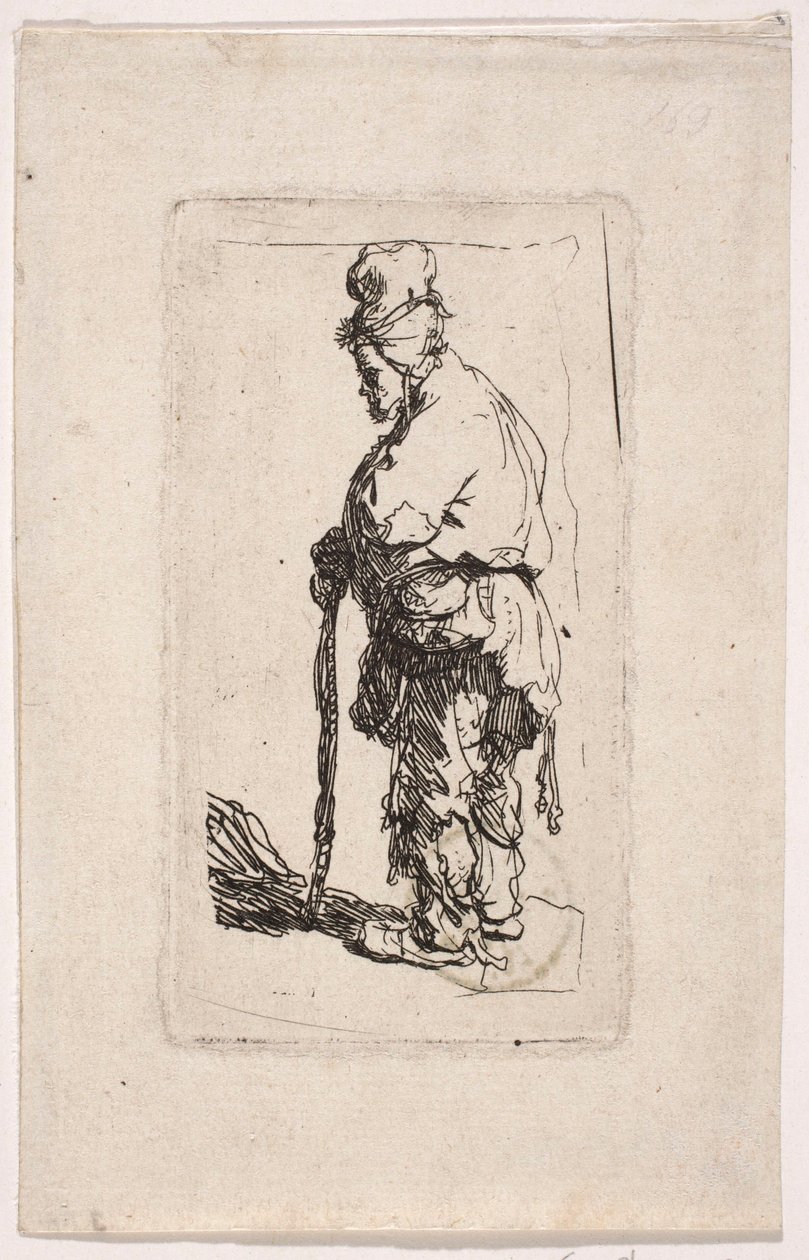 En tigger, der støtter sig til en stok, vendt mod venstre af Rembrandt van Rijn