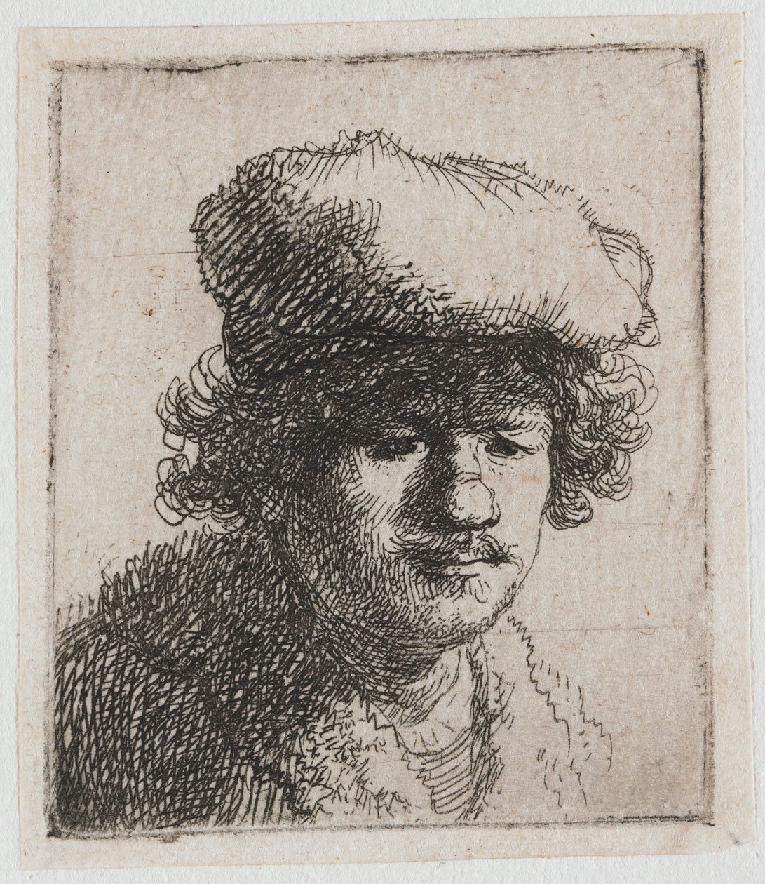 Selvportræt med baretten trukket frem af Rembrandt van Rijn