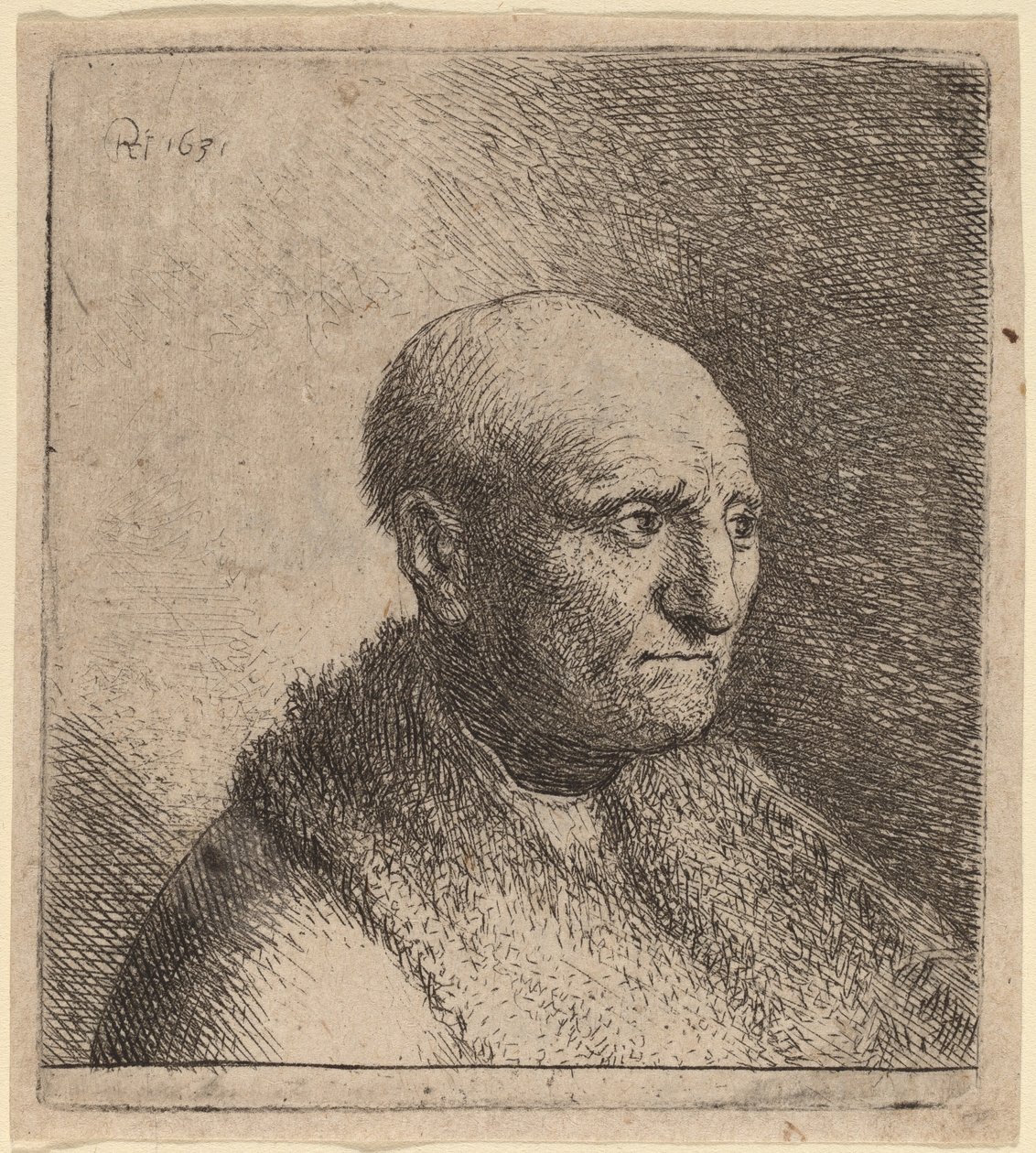 Skaldet mand i en pelskappe af Rembrandt van Rijn and Studio of Rembrandt