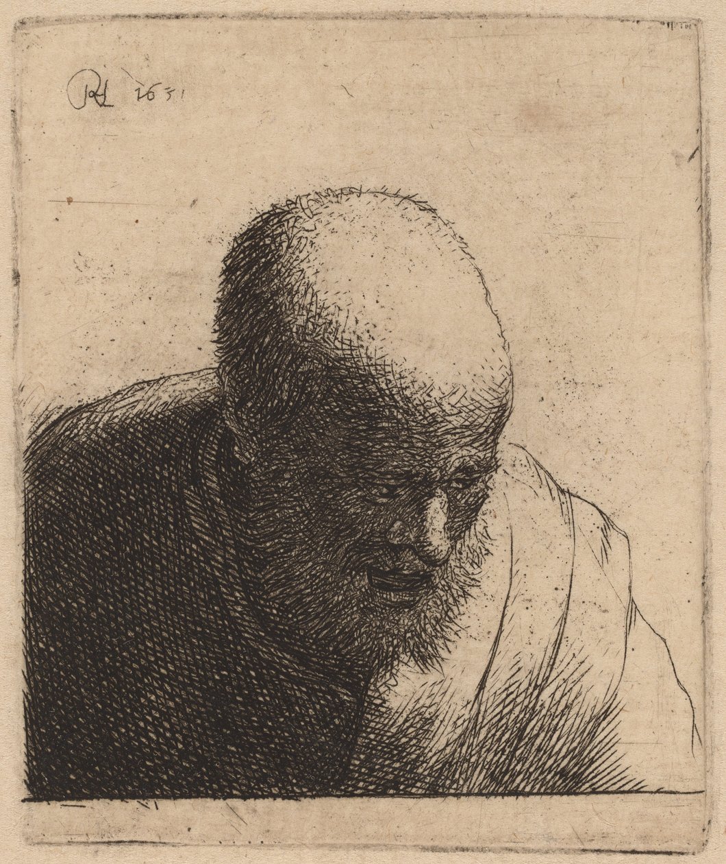 Skaldet mand med åben mund, kigger ned af Rembrandt van Rijn and Studio of Rembrandt