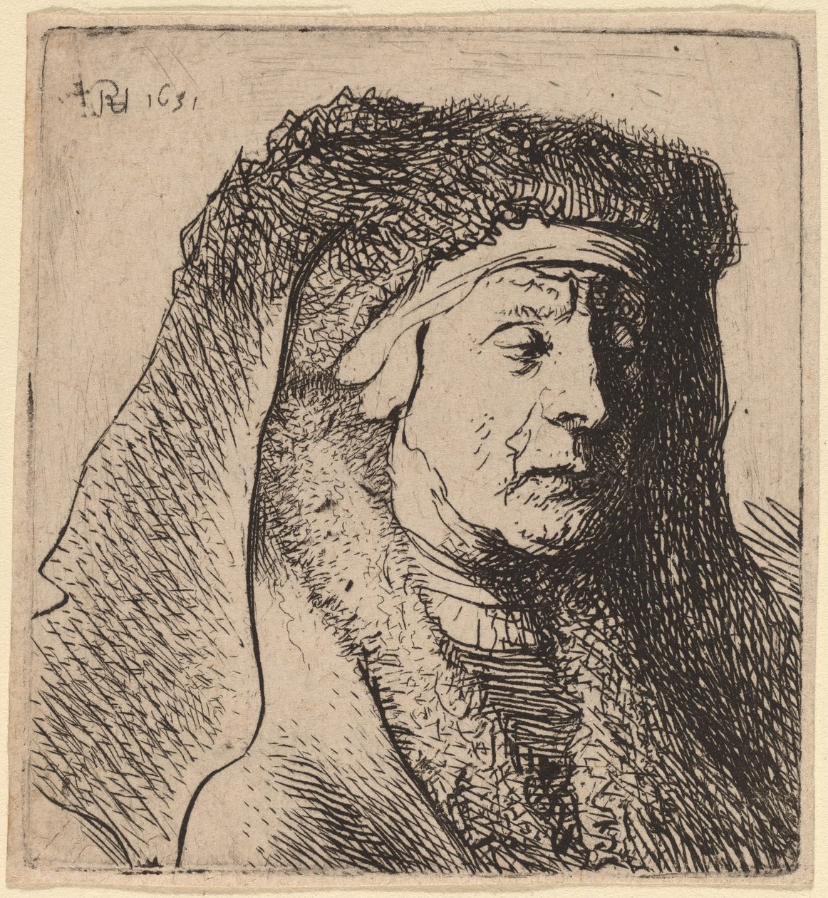 Buste af en gammel kvinde i en pelset kappe og kraftig hovedbeklædning af Rembrandt van Rijn and Studio of Rembrandt