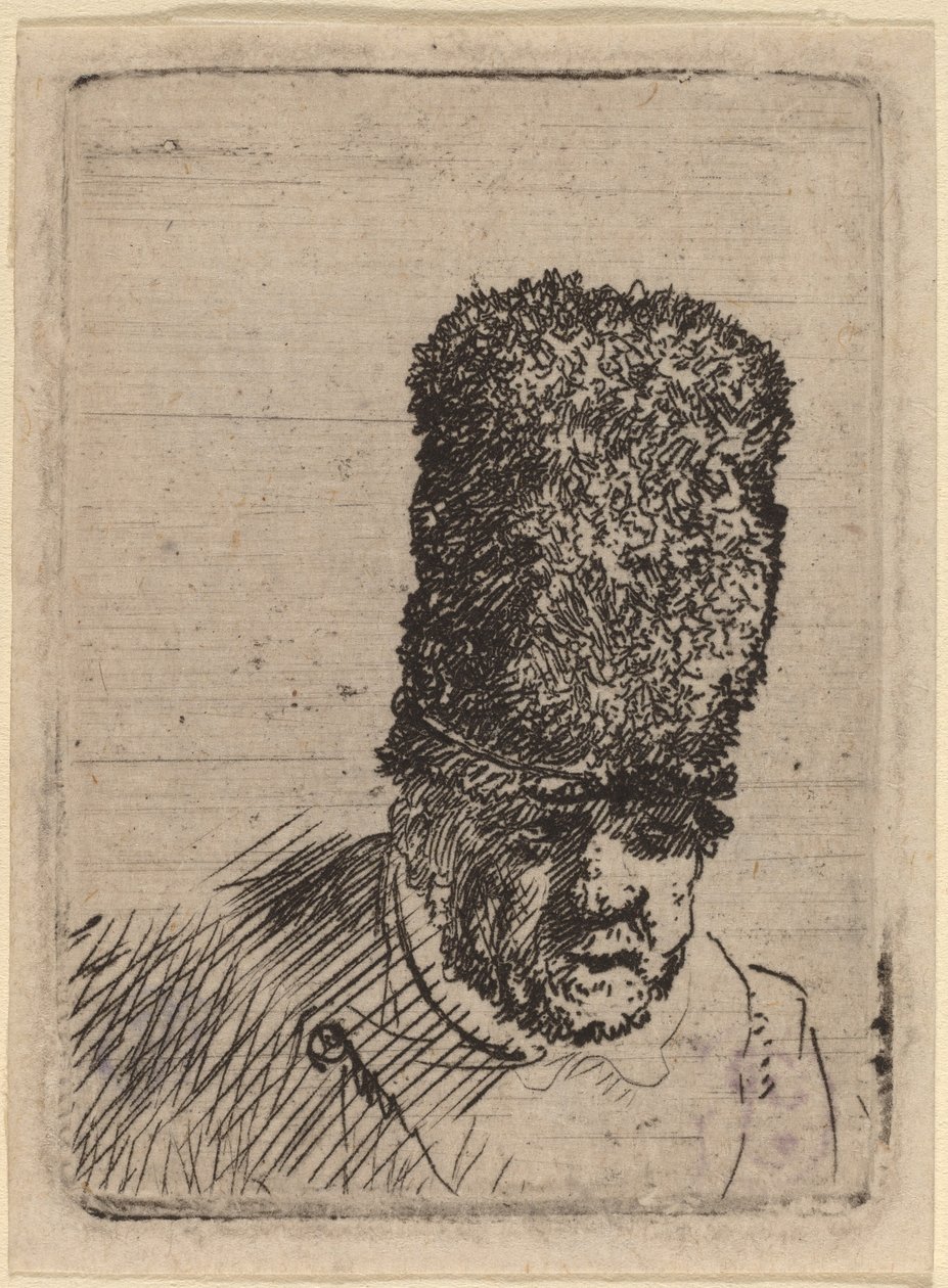 Hoved af en gammel mand i høj pelshue af Rembrandt van Rijn and Studio of Rembrandt