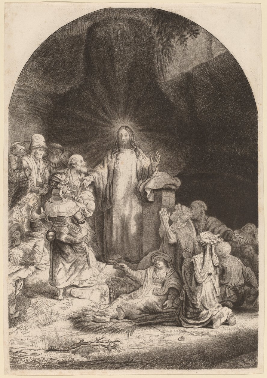 Kristus prædiker og helbreder (fragment fra de hundrede gylden print) af Rembrandt van Rijn and William Baillie