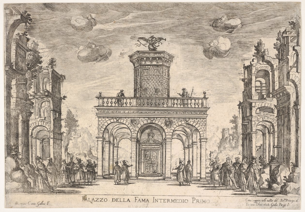 Første mellemspil: berømmelsespalads Mellem sjette: berømmelsespalads, fra seriens S ..., 1608. af Remigio Cantagallina