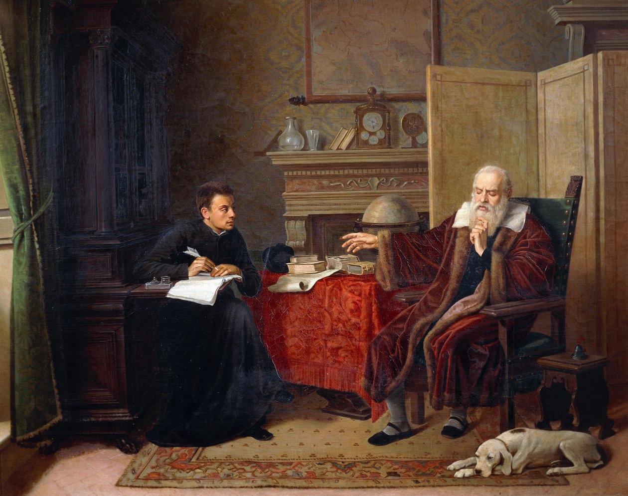 Galileo Galilei (1564-1642) dikterer sine observationer til sin sekretær i Arcetri (maleri) af Remigio Cantagallina