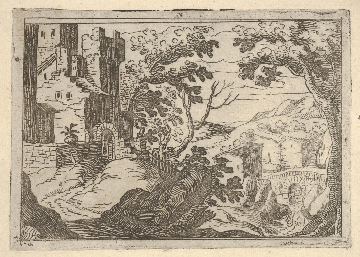 Landskab med bygninger til venstre og en bro til højre forneden, ca. 1620-50. af Remigio Cantagallina